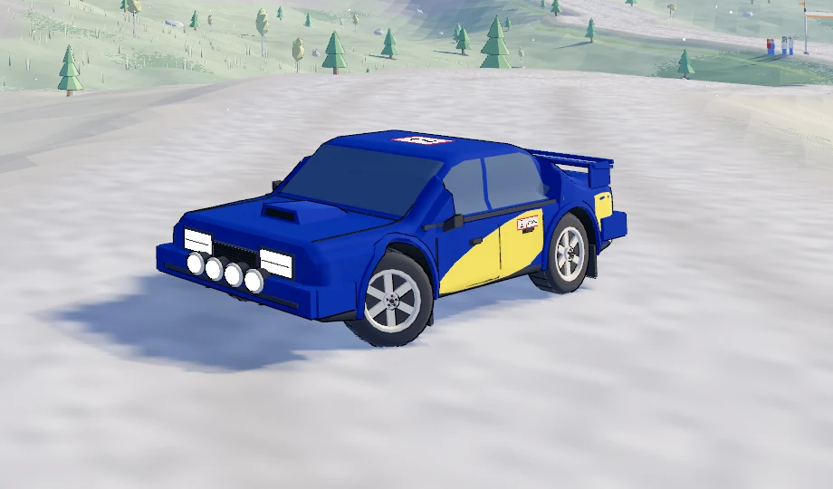 A blue and yellow four-door rally car with a rear wing and a light bar.