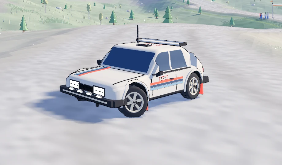 A white rally hatchback with red and blue stripes and a roof rack.
