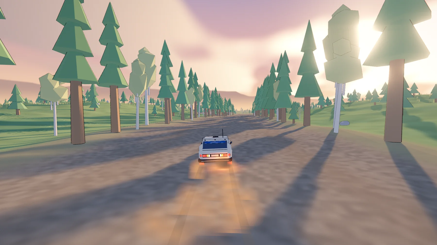 A white rally car on a wide circuit road through pines, the sun low behind the trees.