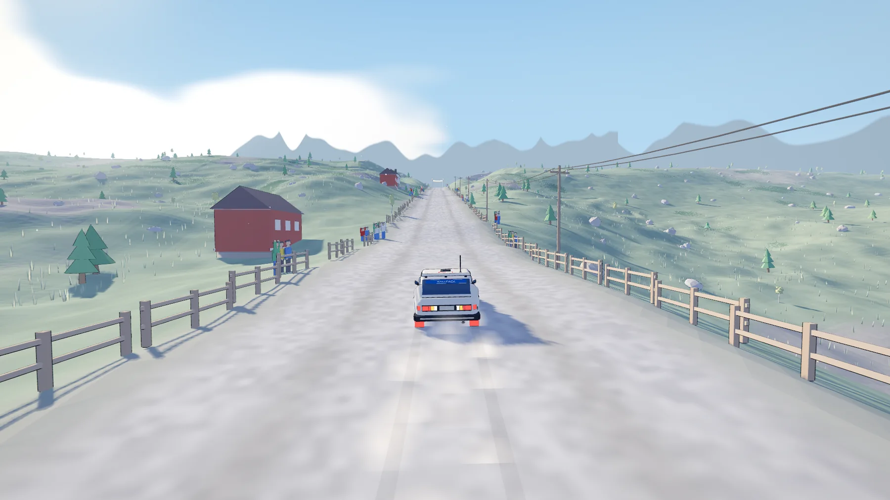 A pale road climbing through green highland with a wooden fence, power lines and a mountain skyline.
