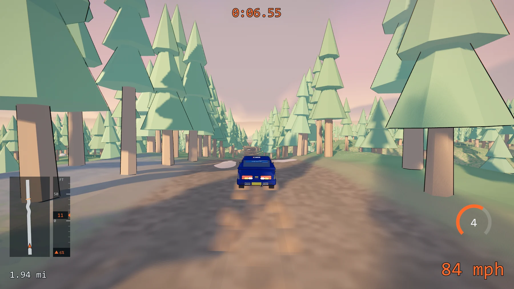 The game in play at 84 mph, with the clock, the route map and the gear dial on screen.
