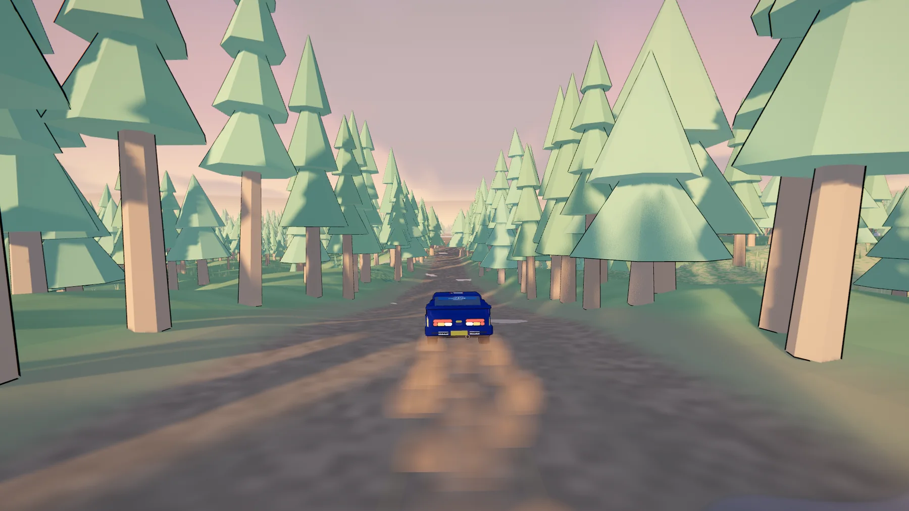 A dirt road running straight through tall pine trees under a pink sunset sky.
