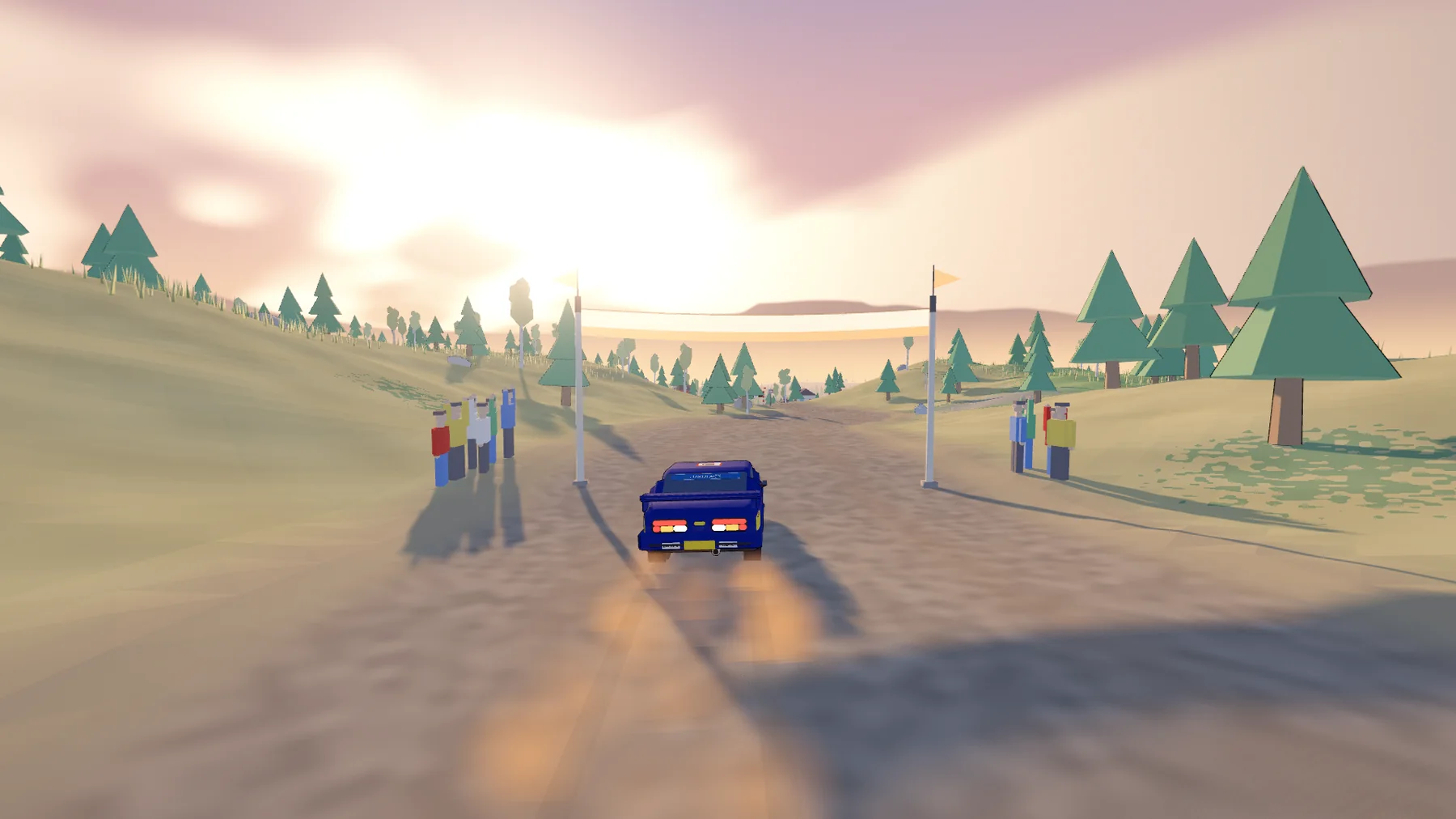 A blue rally car approaching a cream finish banner across a dirt road at sunset, spectators either side.