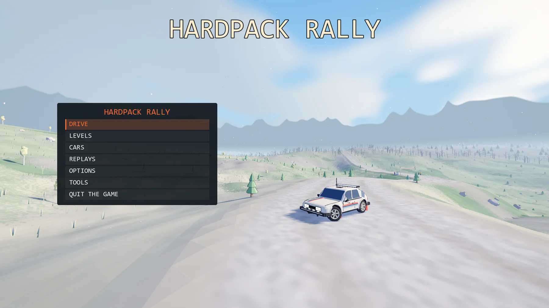 The title screen with the menu on the left and the car parked on the road.